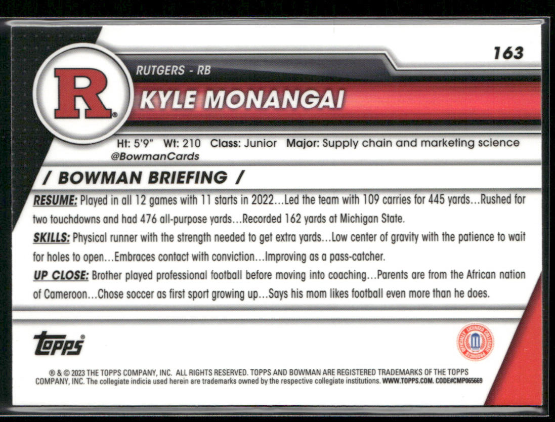 Kyle Monangai 2023 Bowman University Chrome #163 Rutgers Scarlet Knights