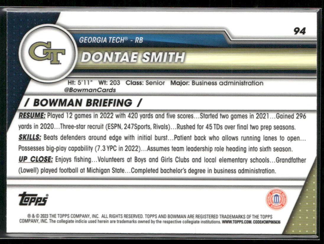 Dontae Smith 2023 Bowman University Chrome #94 Georgia Tech Yellow Jackets
