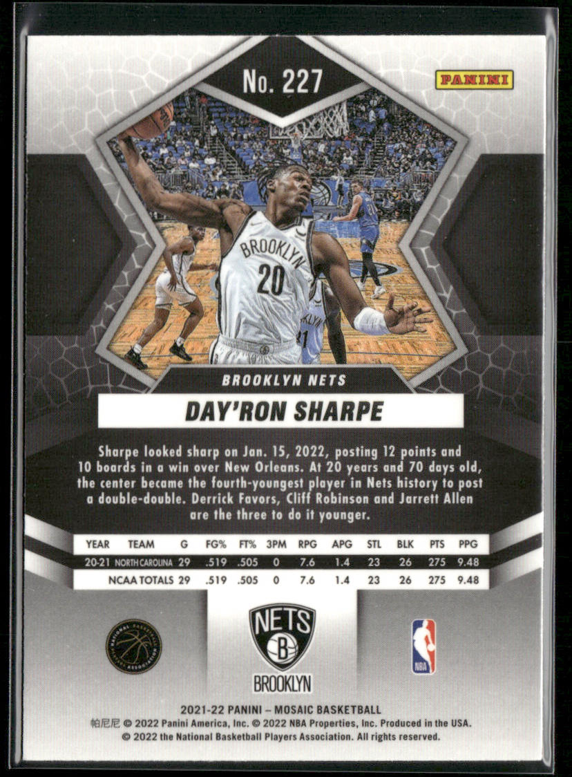 Day'Ron Sharpe 2021-22 Panini Mosaic #227 RC Brooklyn Nets