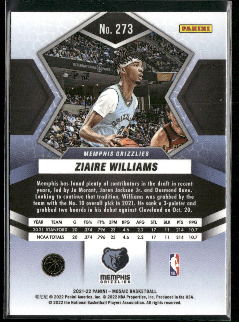 Ziaire Williams 2021-22 Panini Mosaic #273 Memphis Grizzlies