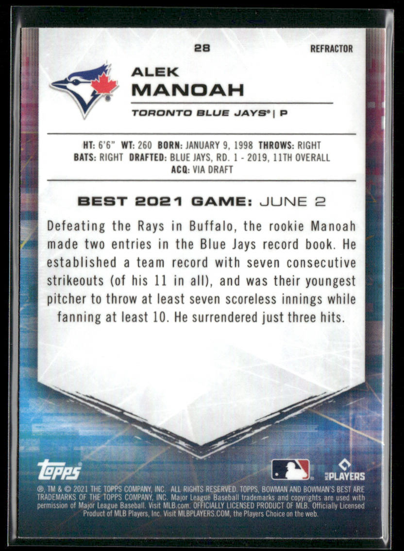 Alek Manoah 2021 Bowman's Best Refractor #28 Toronto Blue Jays