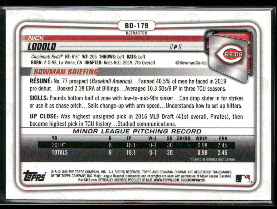 Nick Lodolo 2020 Bowman Draft Chrome Refractor #BD-179 Cincinnati Reds