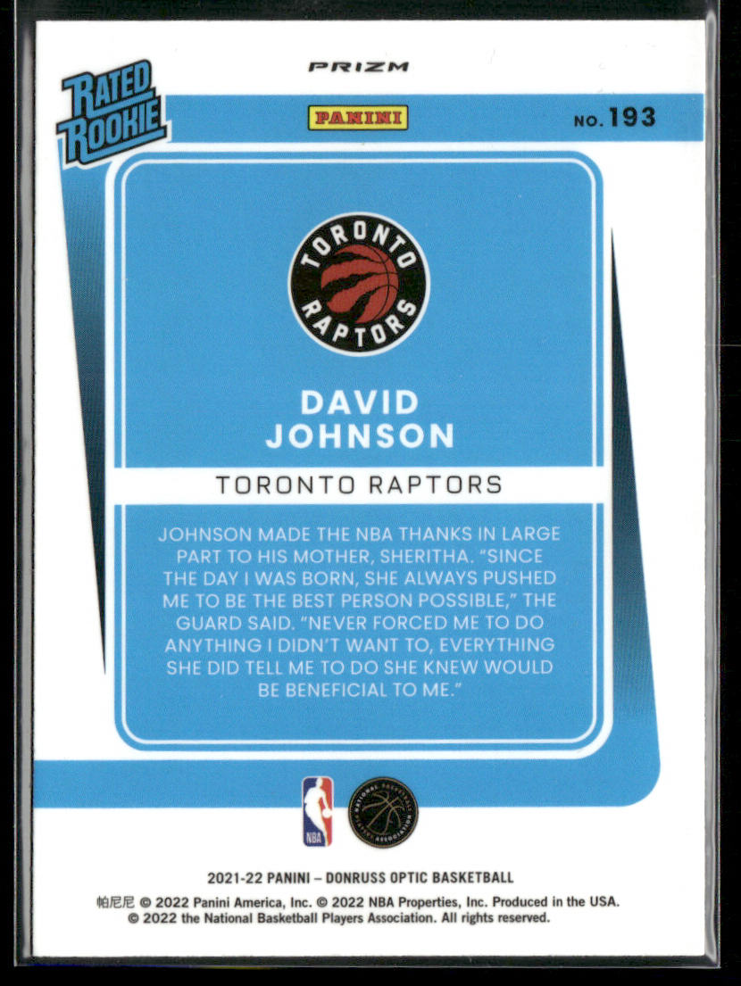 David Johnson 2021-22 Donruss Optic Holo #193 RC Toronto Raptors