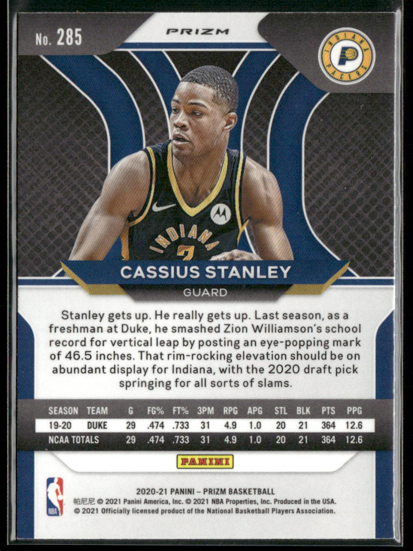 Cassius Stanley 2020-21 Panini Prizm Silver Prizms #285 RC Indiana Pacers