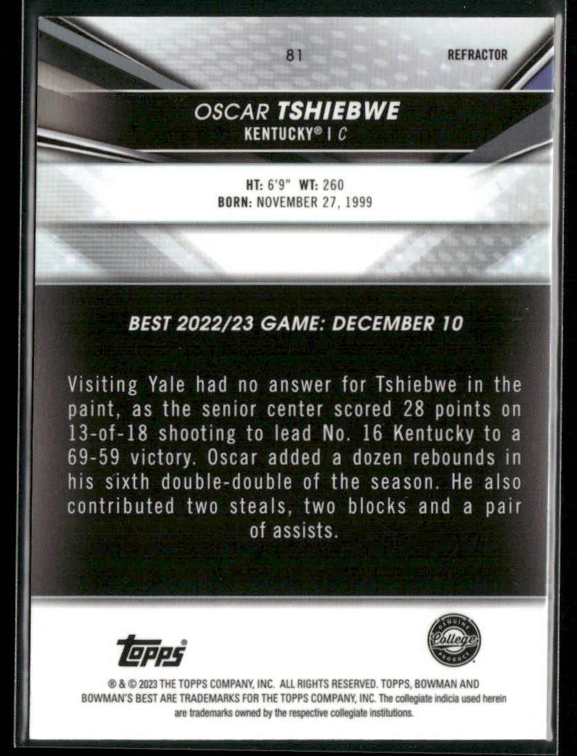 Oscar Tshiebwe 2022-23 Bowman University Best Refractors #81 Kentucky Wildcats