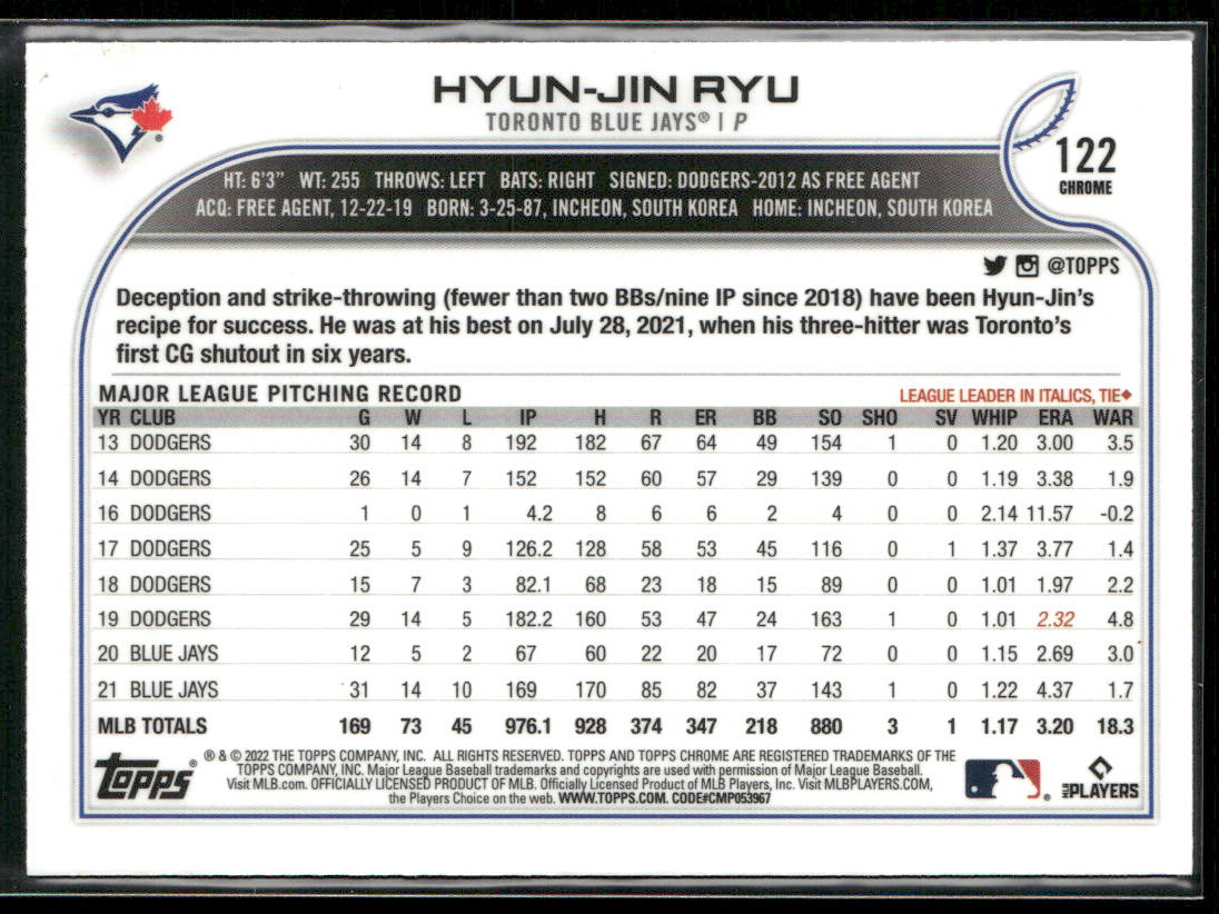 Hyun-Jin Ryu 2022 Topps Chrome Pink Refractor #122 Toronto Blue Jays