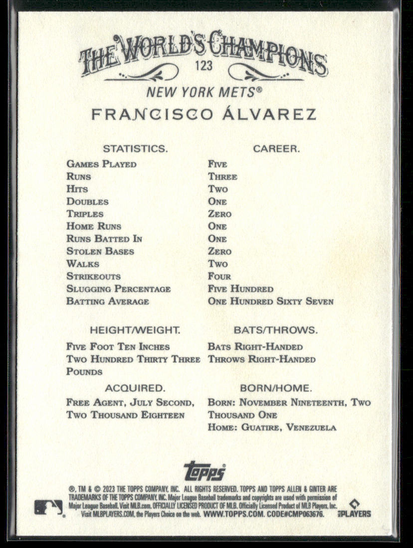 Francisco Álvarez 2023 Topps Allen & Ginter #123 RC New York Mets