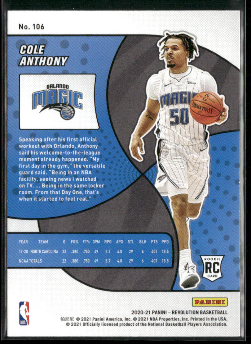 Cole Anthony 2020-21 Panini Revolution #106 RC Orlando Magic
