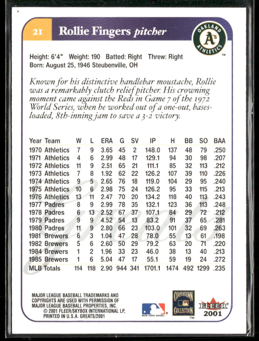 Rollie Fingers 2001 Fleer Greats of the Game #21 Oakland Athletics