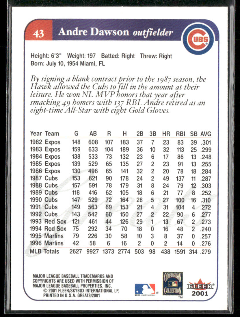 Andre Dawson 2001 Fleer Greats of the Game #43 Chicago Cubs