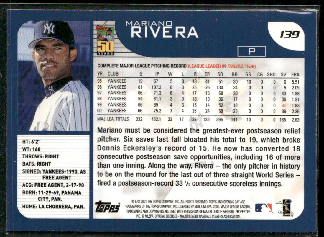 Mariano Rivera 2001 Topps Opening Day #139 New York Yankees