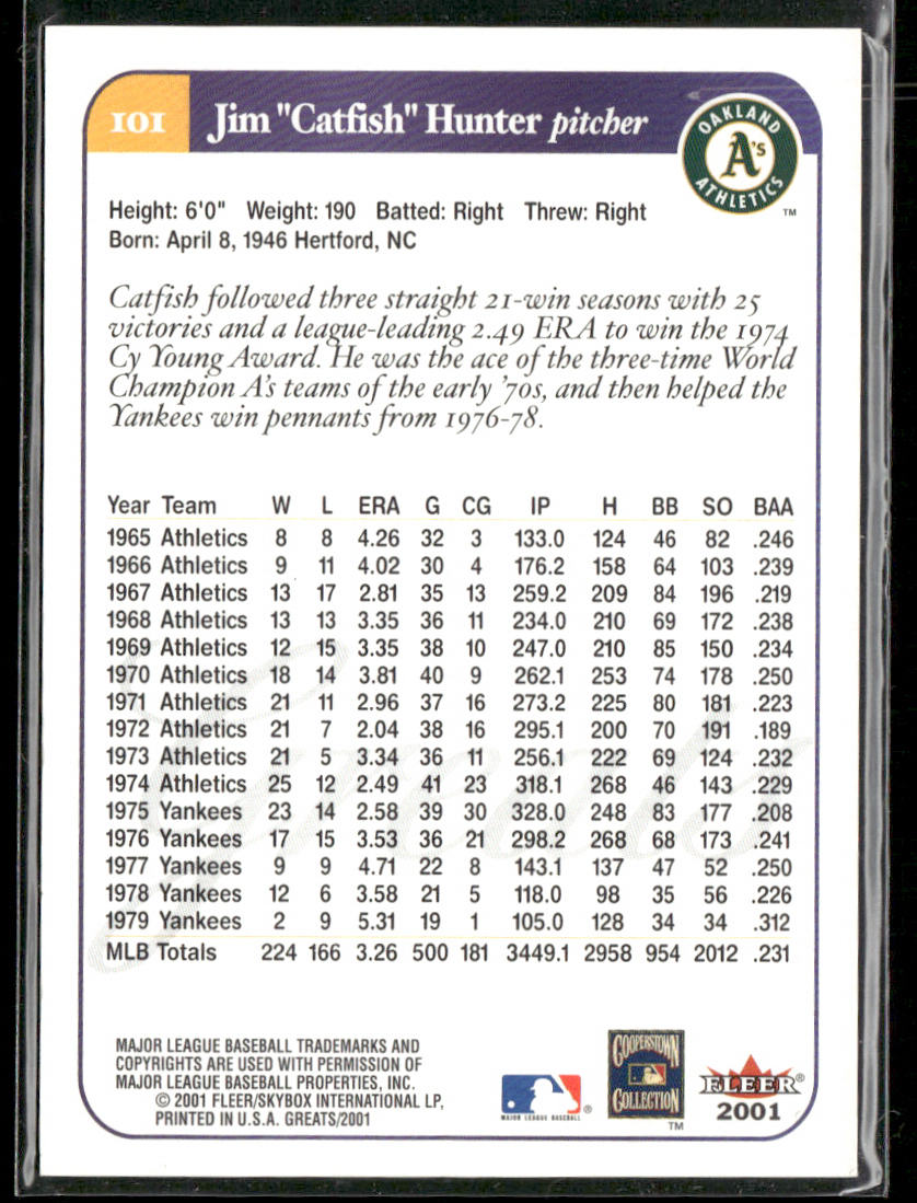 Jim "Catfish" Hunter 2001 Fleer Greats of the Game #101 Oakland Athletics