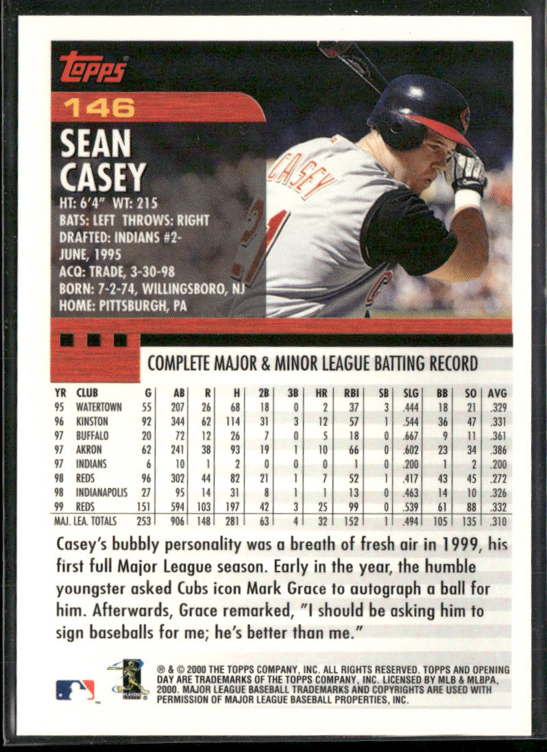 Sean Casey 2000 Topps Opening Day #146 Cincinnati Reds back