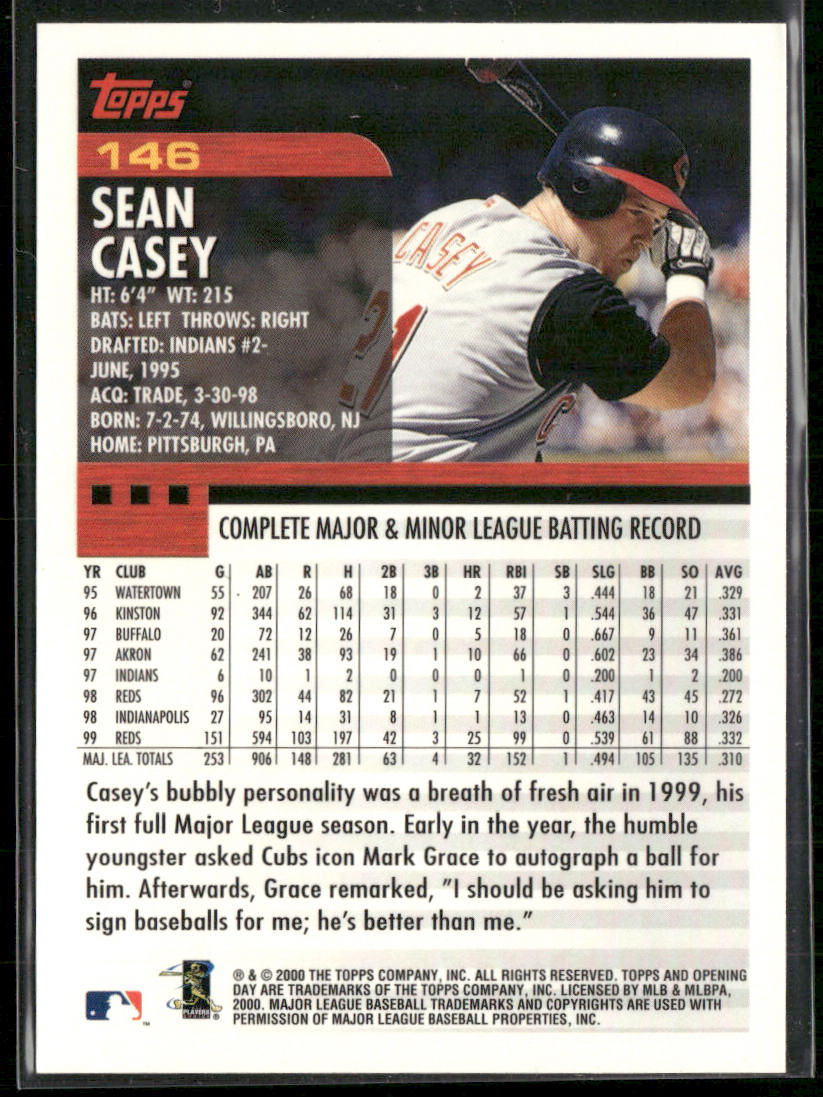 Sean Casey 2000 Topps Opening Day #146 Cincinnati Reds back