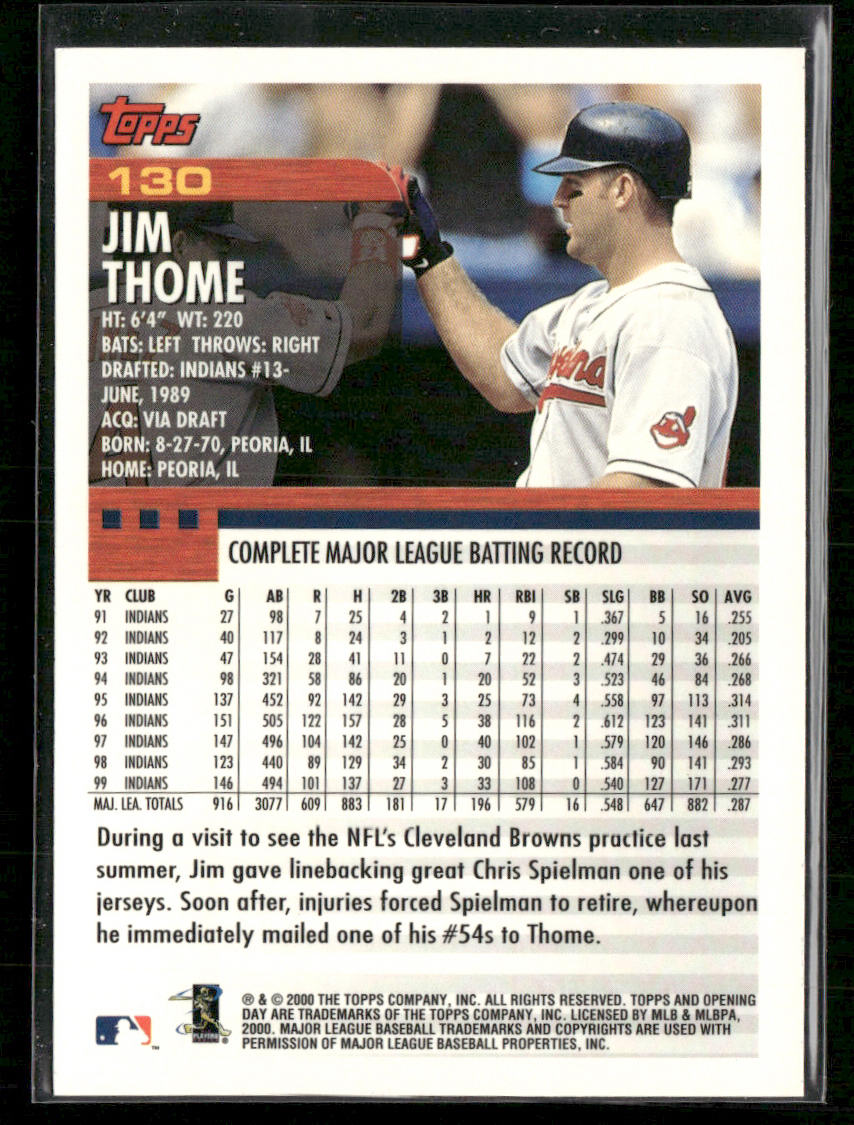 Jim Thome 2000 Topps Opening Day #130 Cleveland Indians back