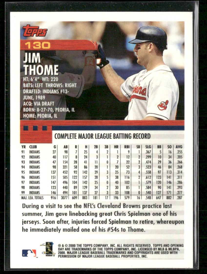 Jim Thome 2000 Topps Opening Day #130 Cleveland Indians back