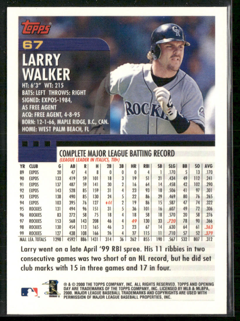Larry Walker 2000 Topps Opening Day #67 Colorado Rockies
