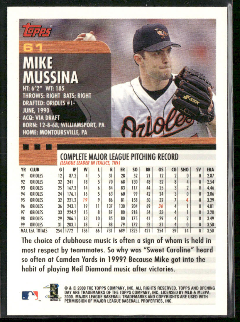 Mike Mussina 2000 Topps Opening Day #61 Baltimore Orioles back