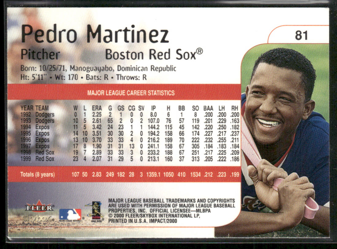 Pedro Martinez 2000 Fleer Impact #81 Boston Red Sox back