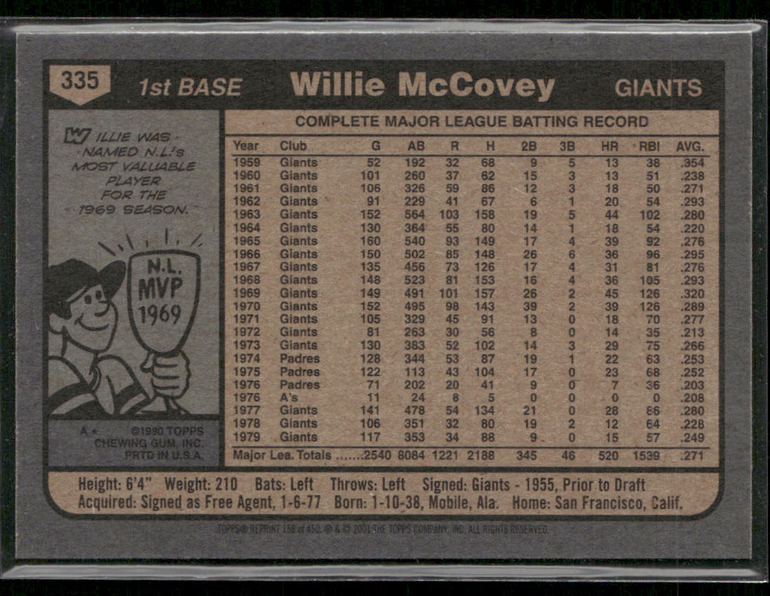 Willie McCovey 2001 Topps Archives #158 San Francisco Giants