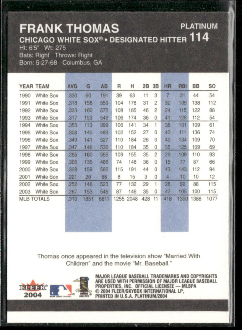 Frank Thomas 2004 Fleer Platinum #114 Chicago White Sox
