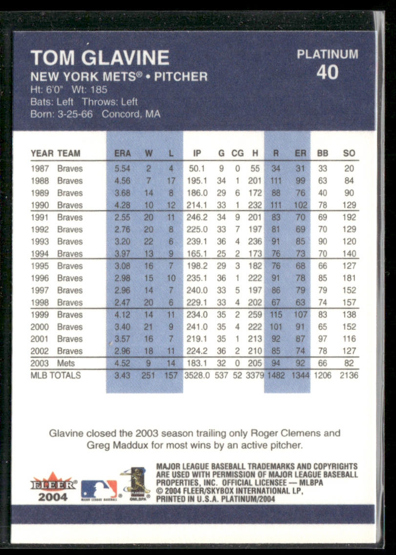 Tom Glavine 2004 Fleer Platinum #40 New York Mets