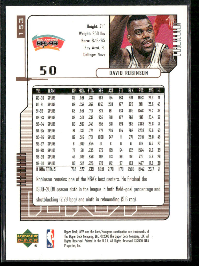 David Robinson 2000-01 Upper Deck MVP #153 San Antonio Spurs