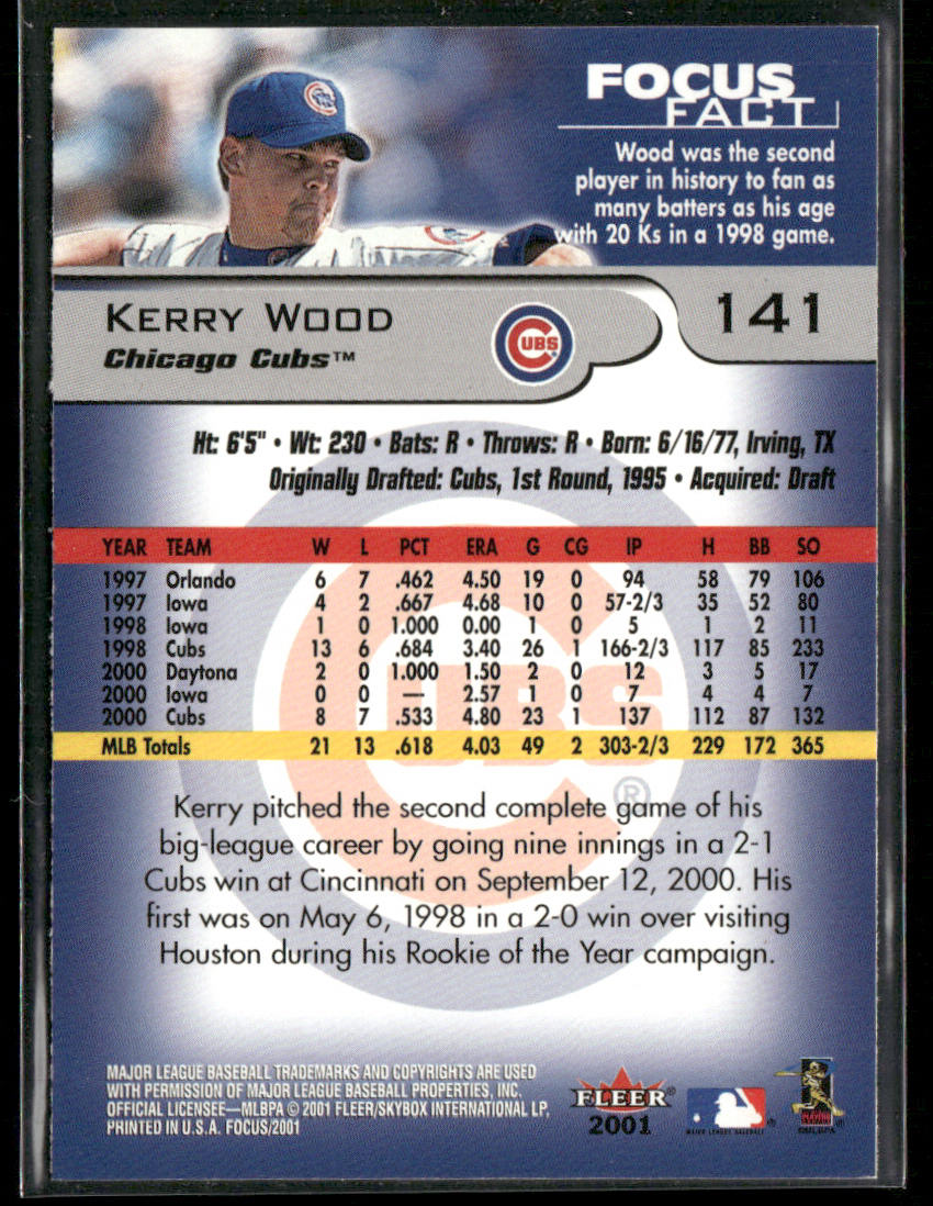 Kerry Wood 2001 Fleer Focus #141 Chicago Cubs back