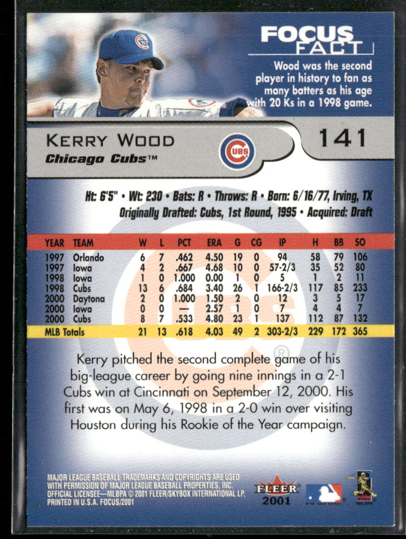 Kerry Wood 2001 Fleer Focus #141 Chicago Cubs back