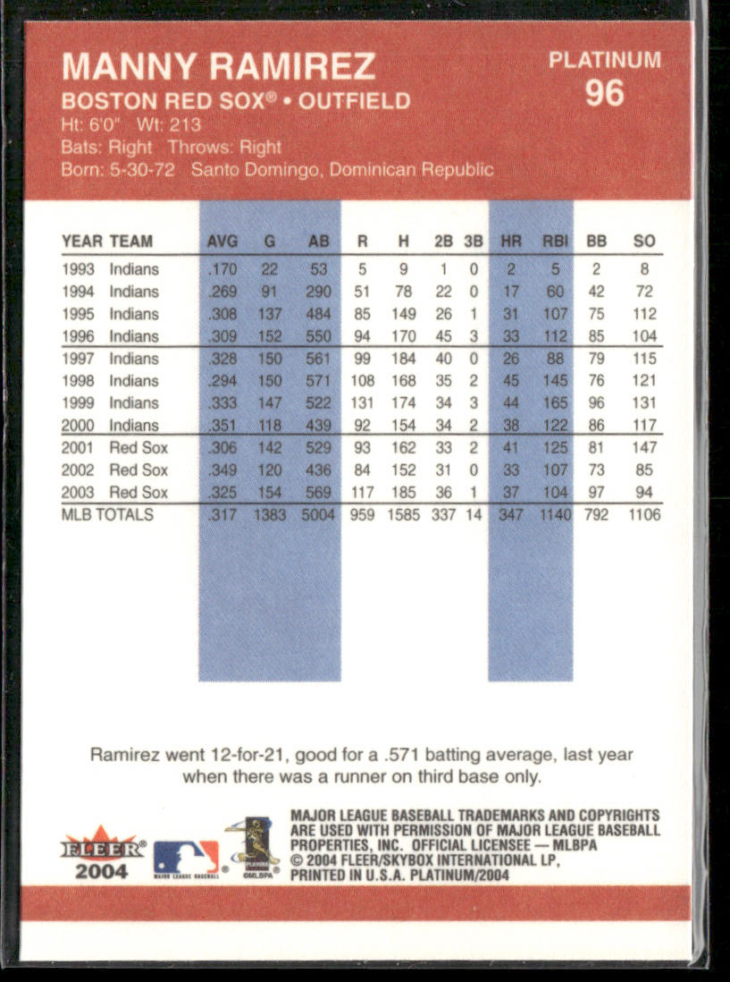 Manny Ramirez 2004 Fleer Platinum #96 Boston Red Sox