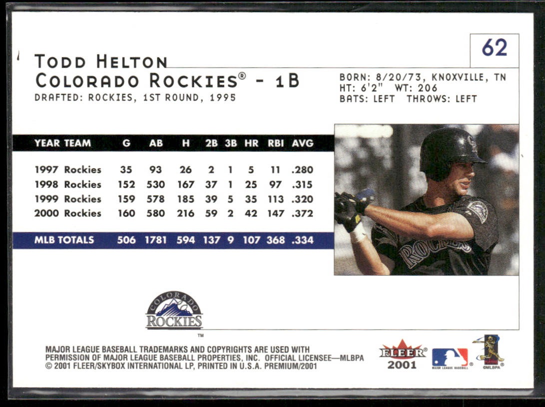 Todd Helton 2001 Fleer Premium #62 Colorado Rockies back