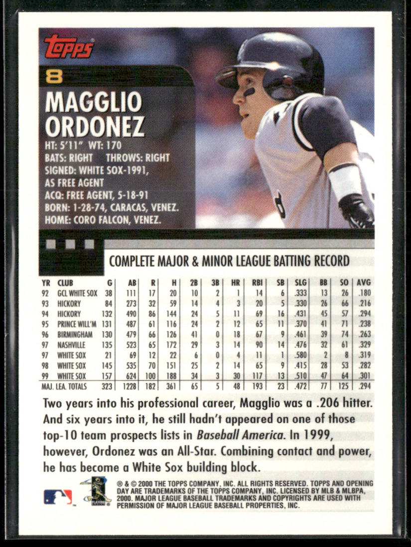 Magglio Ordonez 2000 Topps Opening Day #8 Chicago White Sox back