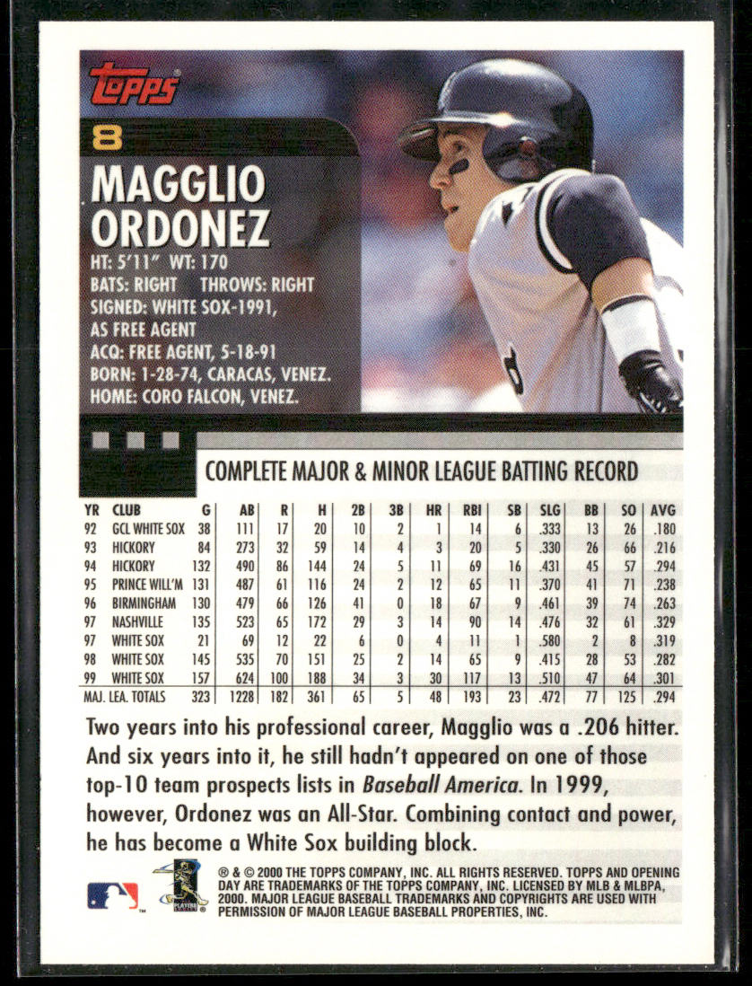 Magglio Ordonez 2000 Topps Opening Day #8 Chicago White Sox back