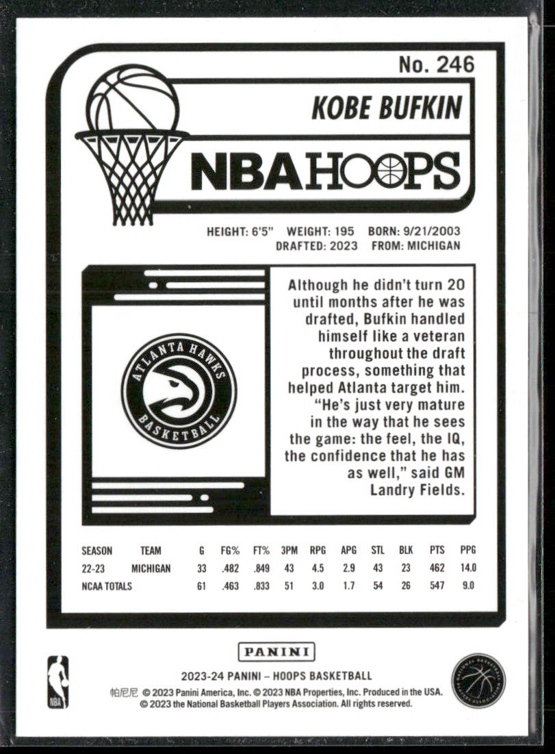 Kobe Bufkin 2023-24 Hoops #246 RC Atlanta Hawks