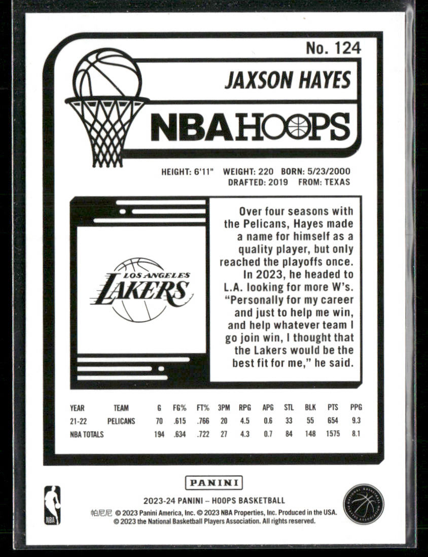 Jaxson Hayes 2023-24 Hoops #124 Los Angeles Lakers