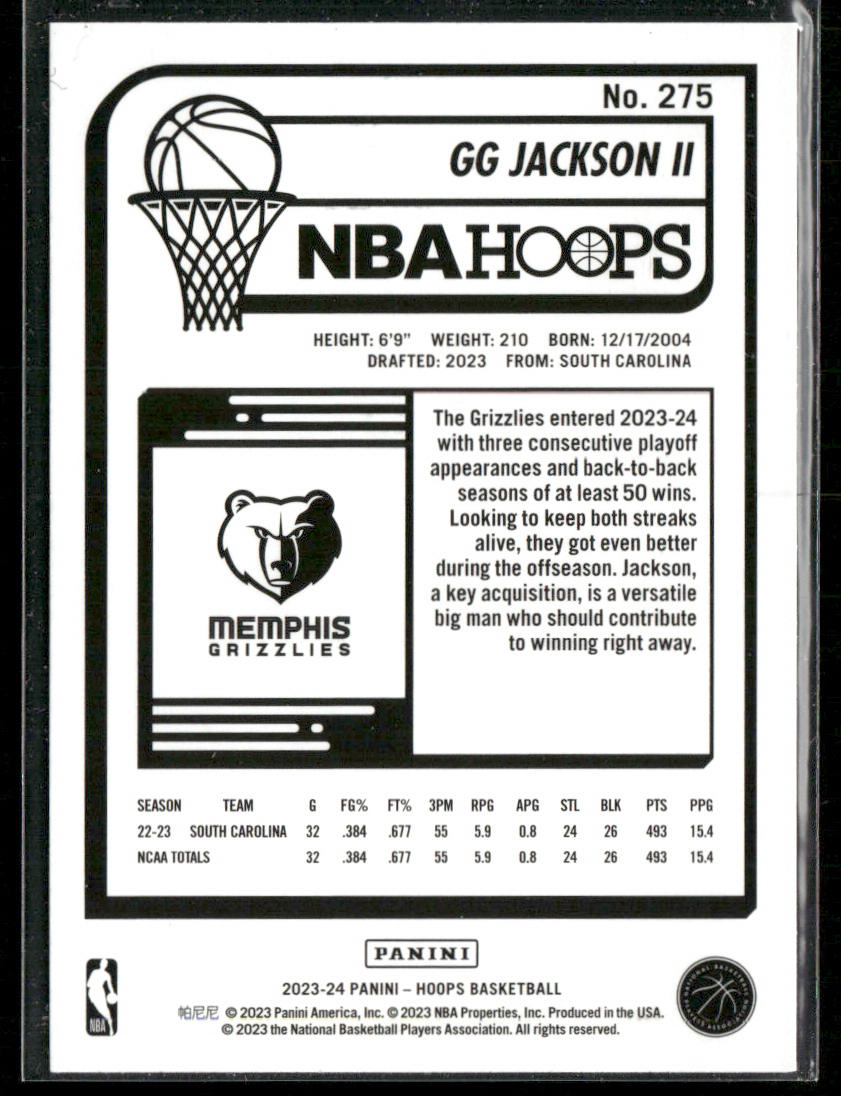 GG Jackson II 2023-24 Hoops #275 RC Memphis Grizzlies