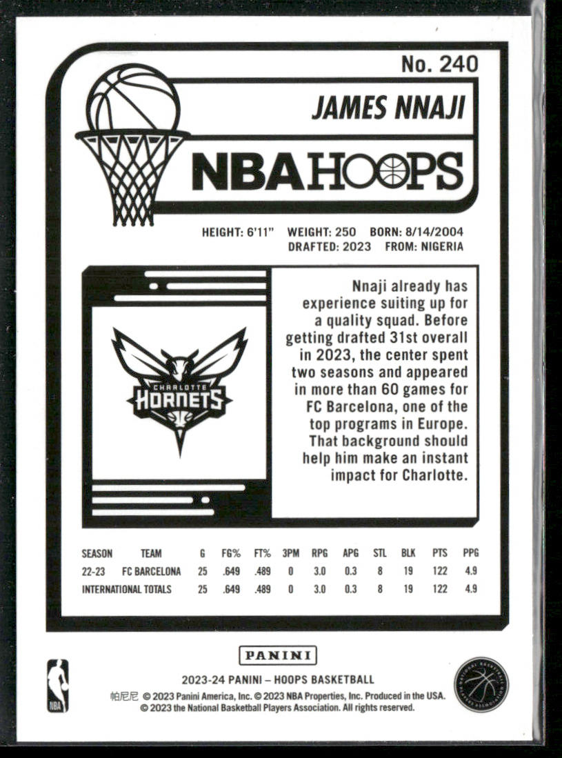 James Nnaji 2023-24 Hoops #240 RC Charlotte Hornets
