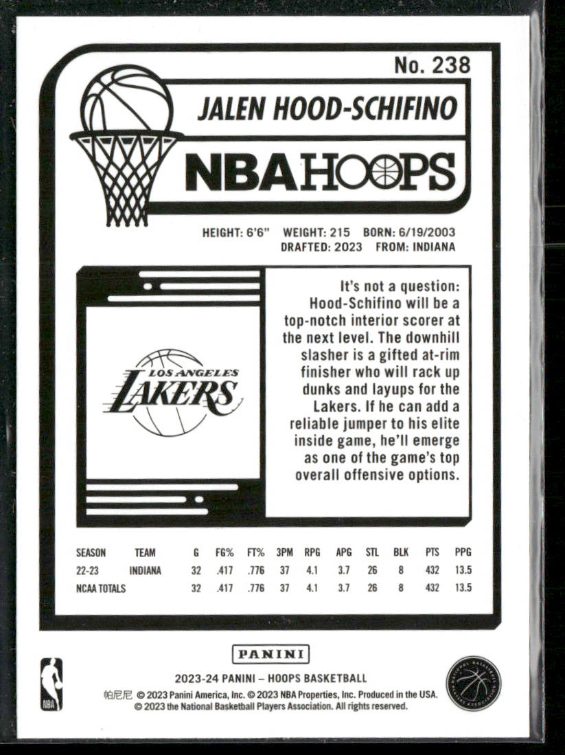 Jalen Hood-Schifino 2023-24 Hoops #238 RC Los Angeles Lakers