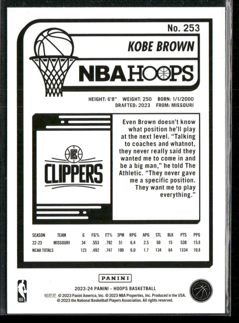 Kobe Brown 2023-24 Hoops #253 RC Los Angeles Clippers