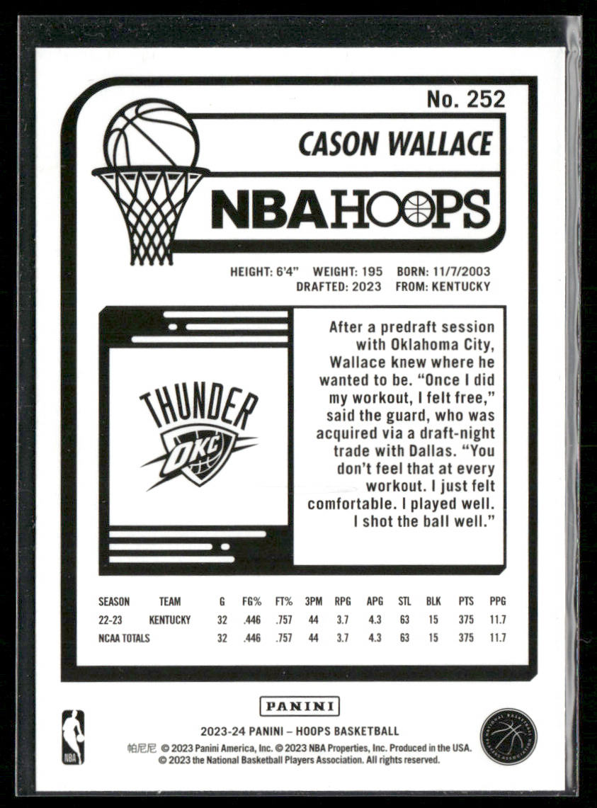 Cason Wallace 2023-24 Hoops #252 RC Oklahoma City Thunder