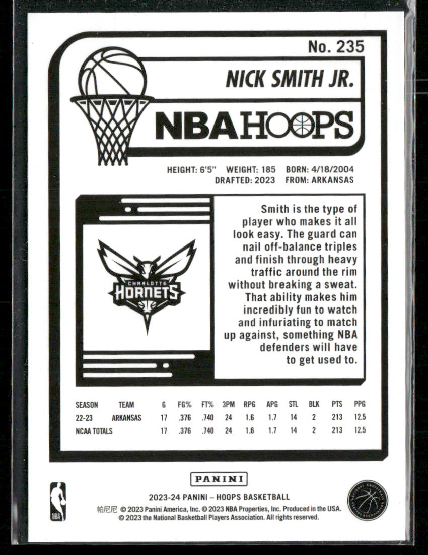 Nick Smith Jr. 2023-24 Hoops #235 RC Charlotte Hornets
