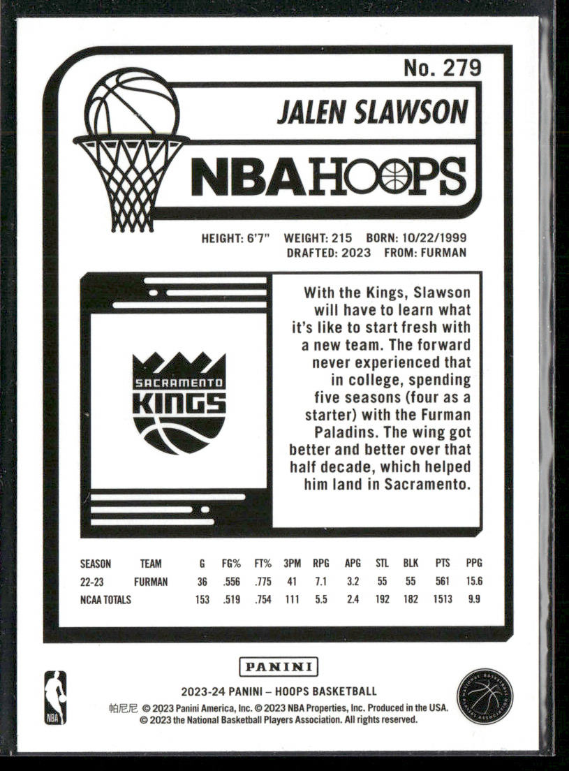 Jalen Slawson 2023-24 Hoops #279 RC Sacramento Kings