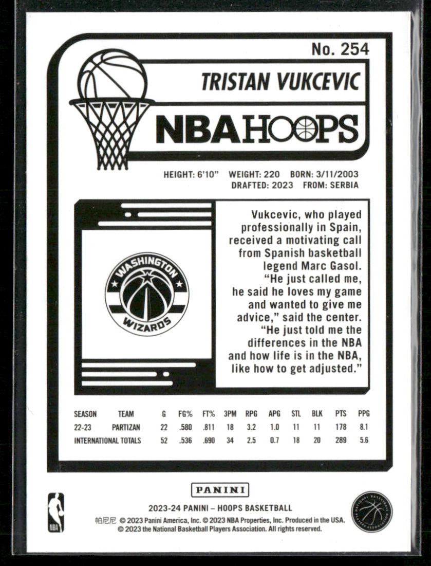 Tristan Vukcevic 2023-24 Hoops #254 RC Washington Wizards