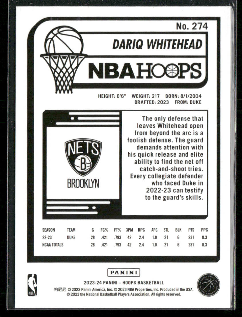Dariq Whitehead 2023-24 Hoops #274 RC Brooklyn Nets