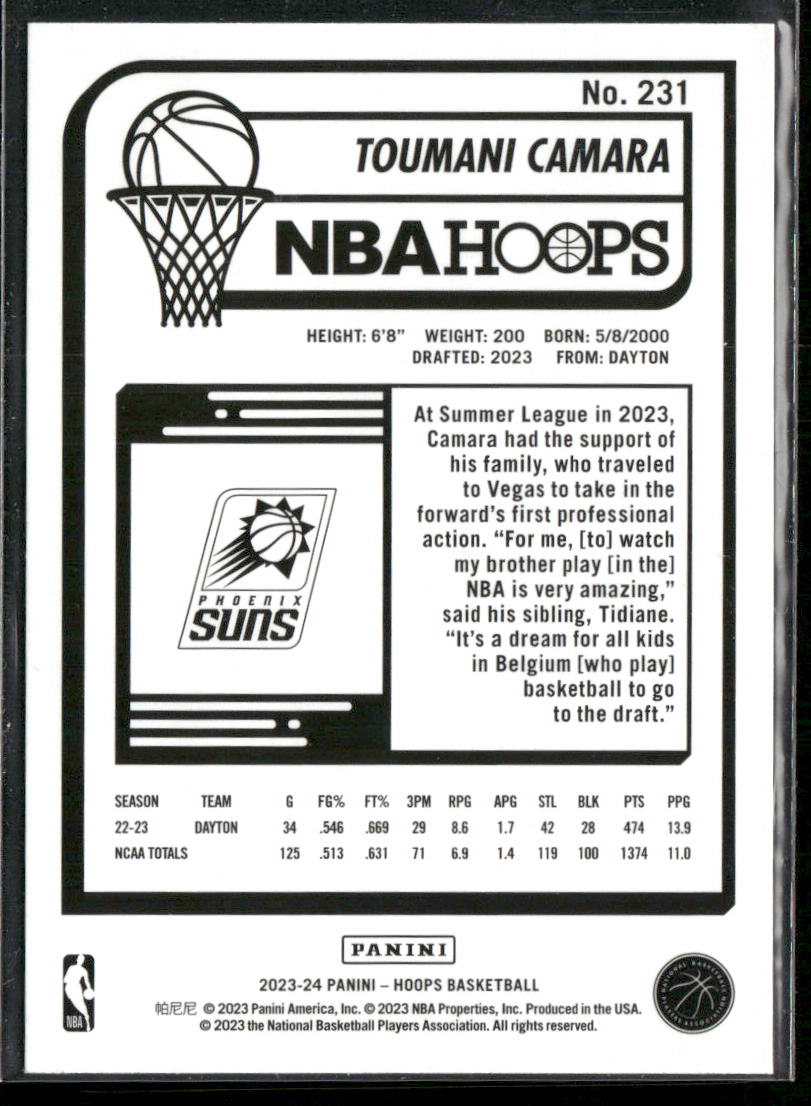 Toumani Camara 2023-24 Hoops #231 RC Phoenix Suns