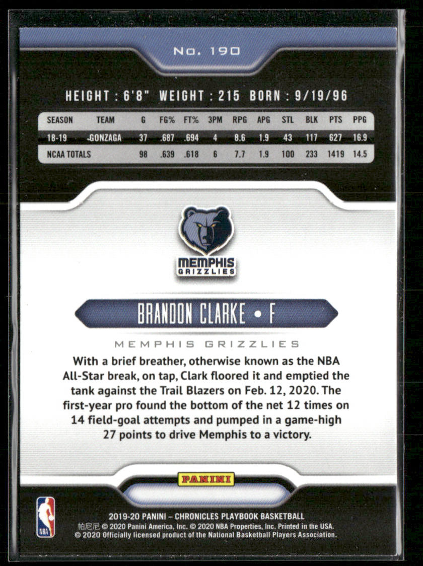 Brandon Clarke 2019-20 Panini Chronicles #190 RC Memphis Grizzlies