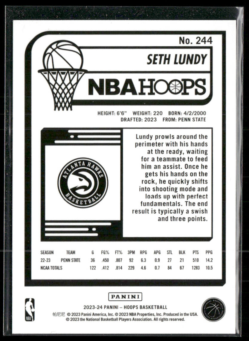 Seth Lundy 2023-24 Hoops #244 RC Atlanta Hawks