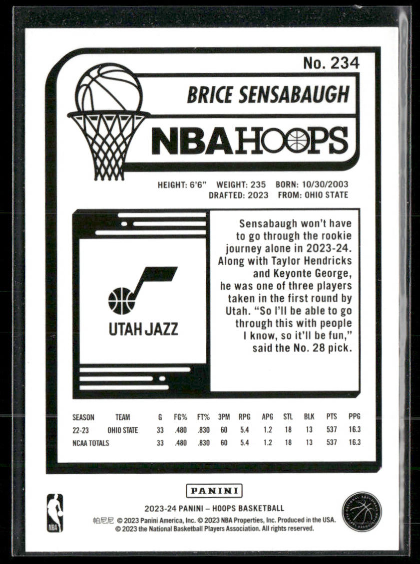 Brice Sensabaugh 2023-24 Hoops #234 RC Utah Jazz