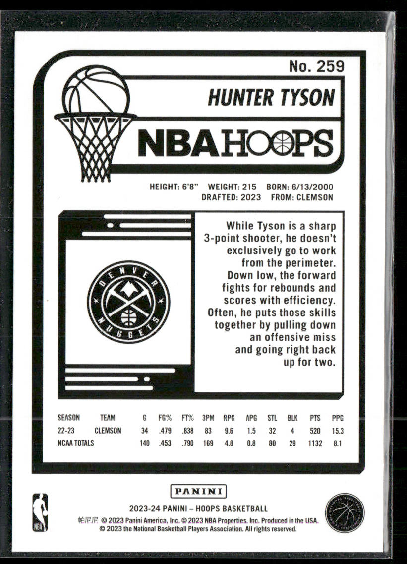 Hunter Tyson 2023-24 Hoops #259 RC Denver Nuggets