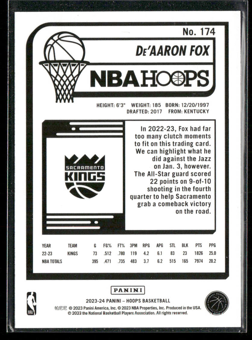 De'Aaron Fox 2023-24 Hoops #174 Sacramento Kings